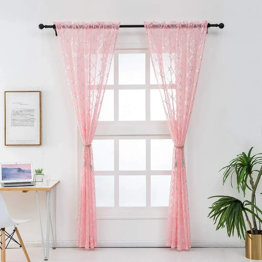 1 Pair Sheer Curtains Moroccan Pattern Rod Pocket Drapes for Kitchen,Dining Room
